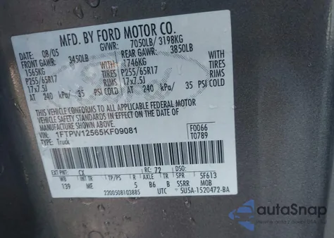 2005 Ford F-150 Lariat/Xlt z USA, uszkodzony, nr VIN 1FTPW12565KF09081